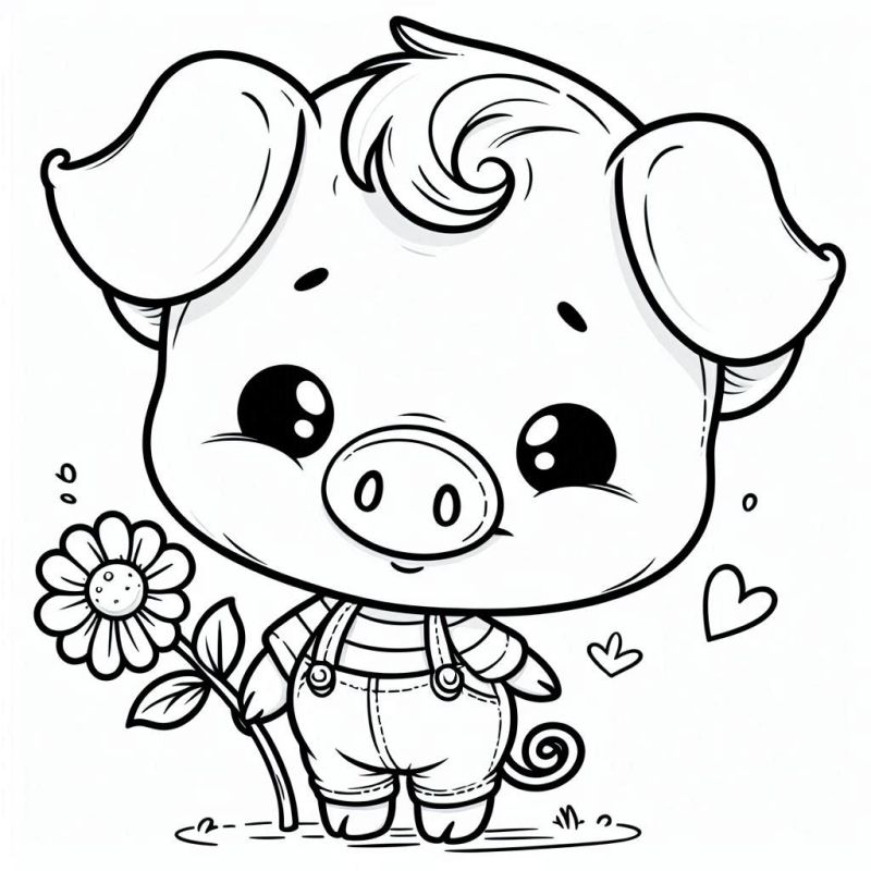 Desenho kawaii de porquinho fofo segurando flor para colorir