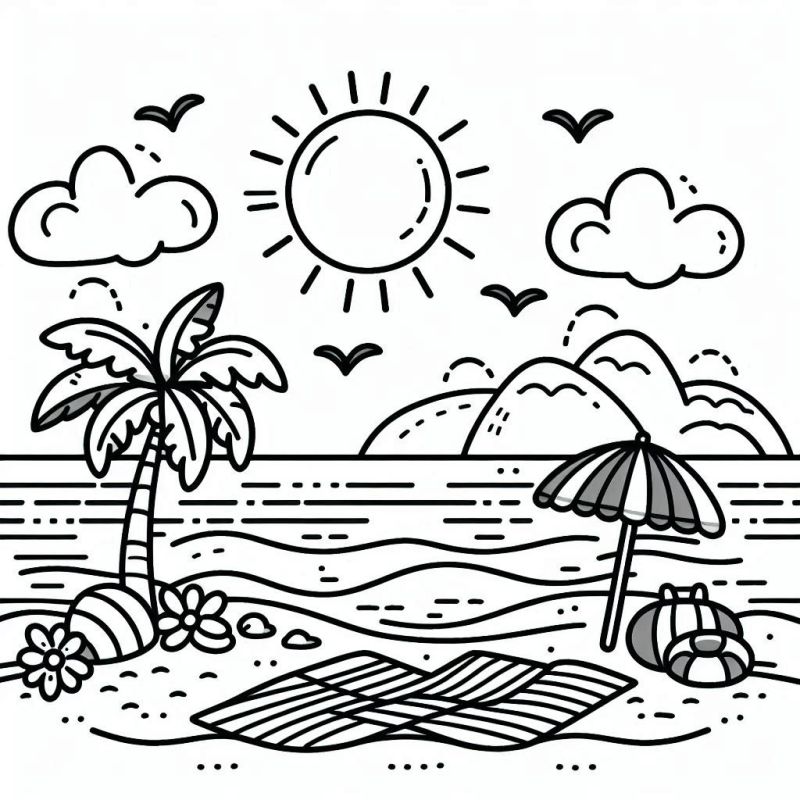 Desenho de uma praia ensolarada com sol, coqueiro inclinado, guarda-sol, bola de praia e mar