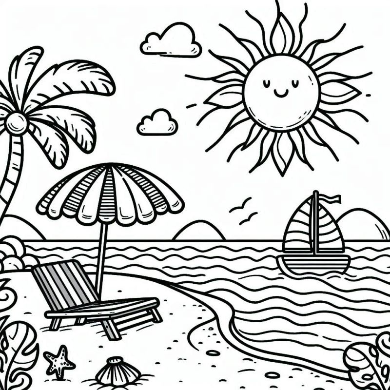 Desenho de Cena de Praia com Sol para Colorir