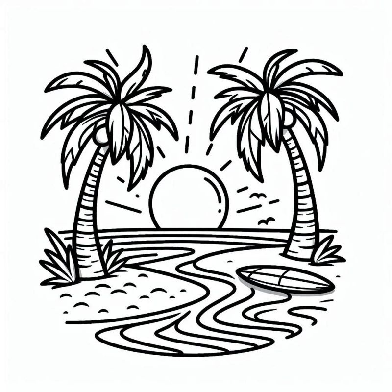 Desenho de praia tropical com palmeiras e mar para colorir