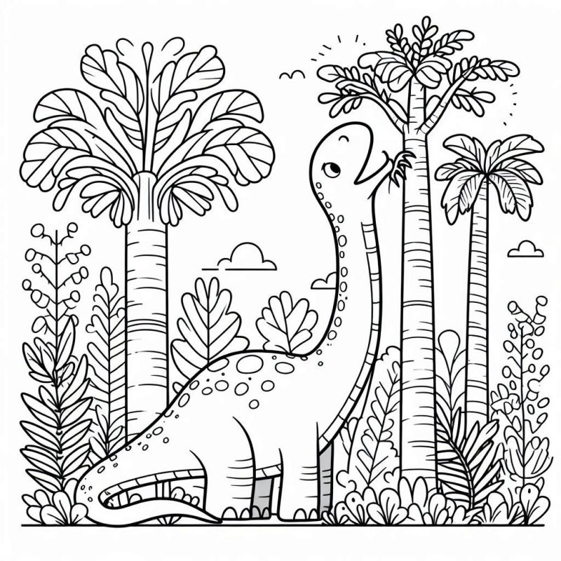 Divirta-se Colorindo Este Detalhado Desenho de Dinossauro em Cena Pré-Histórica