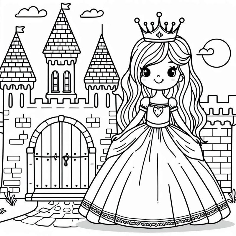 Desenho de Princesa no Castelo Encantado para Colorir