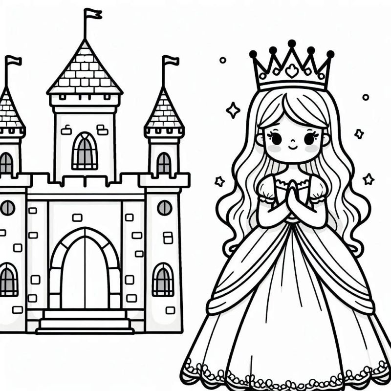 Desenho de Princesa e Castelo Encantado para Colorir