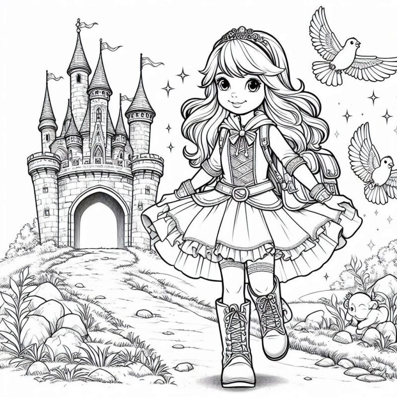 Desenho de Princesa Encantadora com Castelo e Animais para Colorir