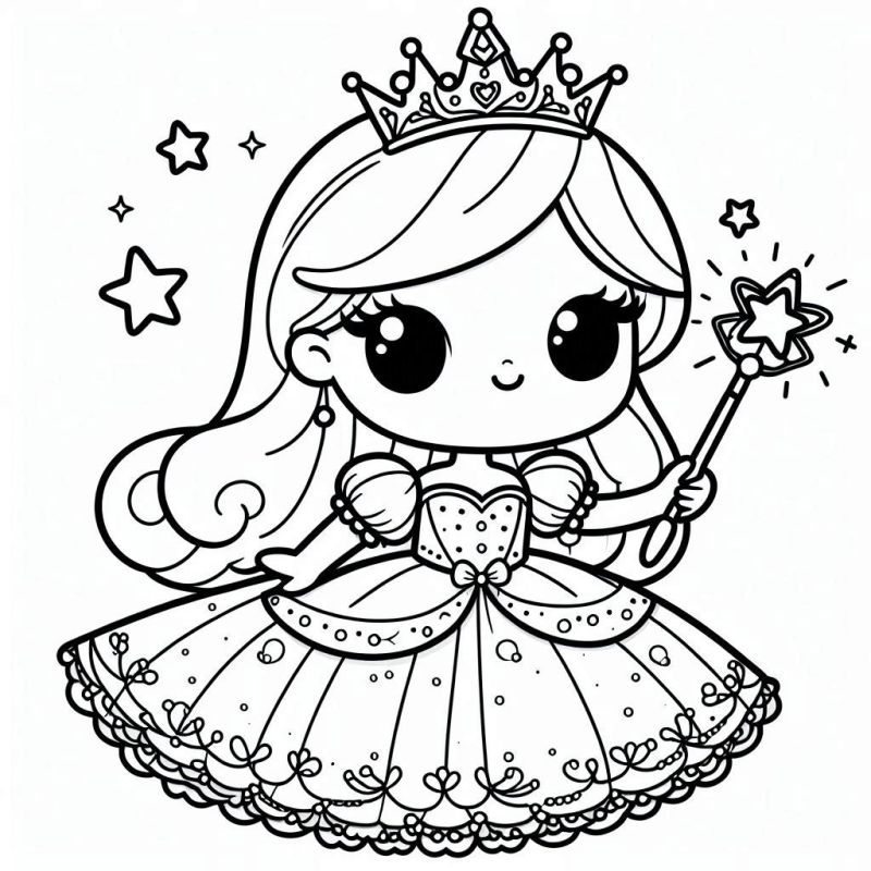 Desenho de Princesa para Colorir com Vestido e Varinha Mágica