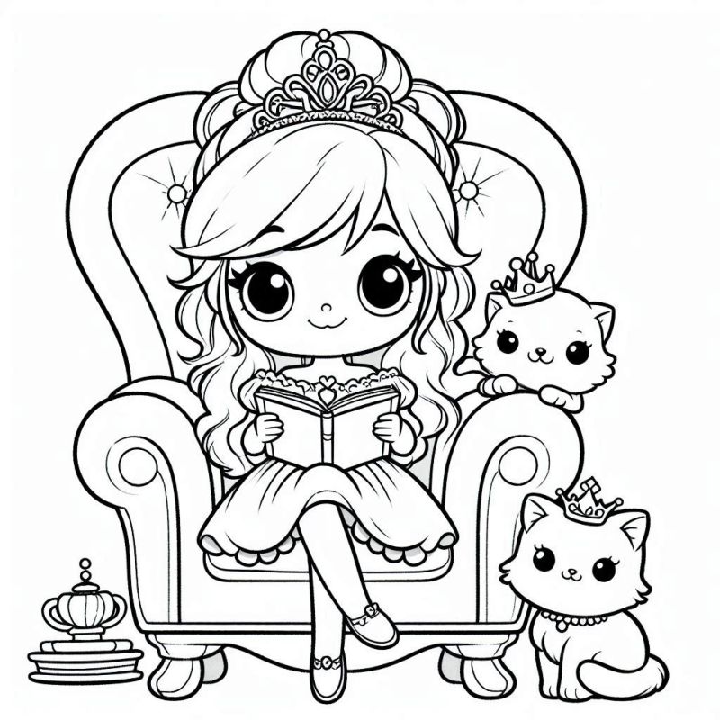 Desenho de Jovem Princesa com Gatos para Colorir