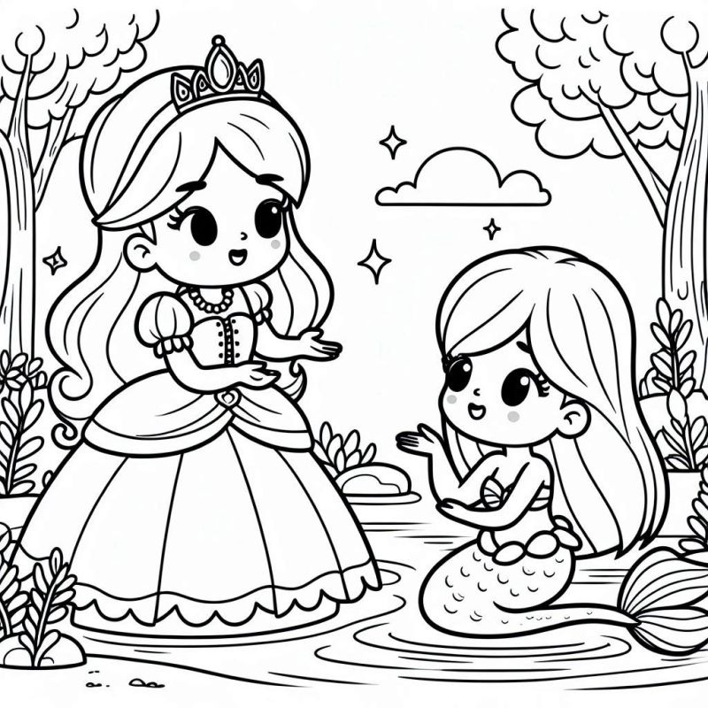 Desenho da Princesa e Sereia Para Colorir