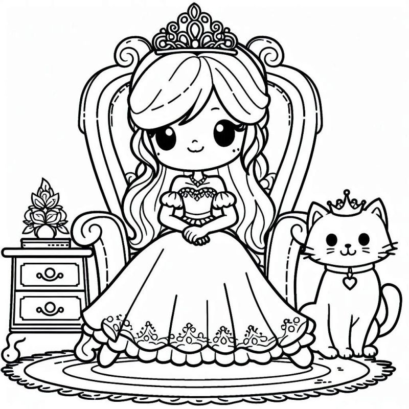 Desenho de Princesa na Poltrona com Gato para Colorir