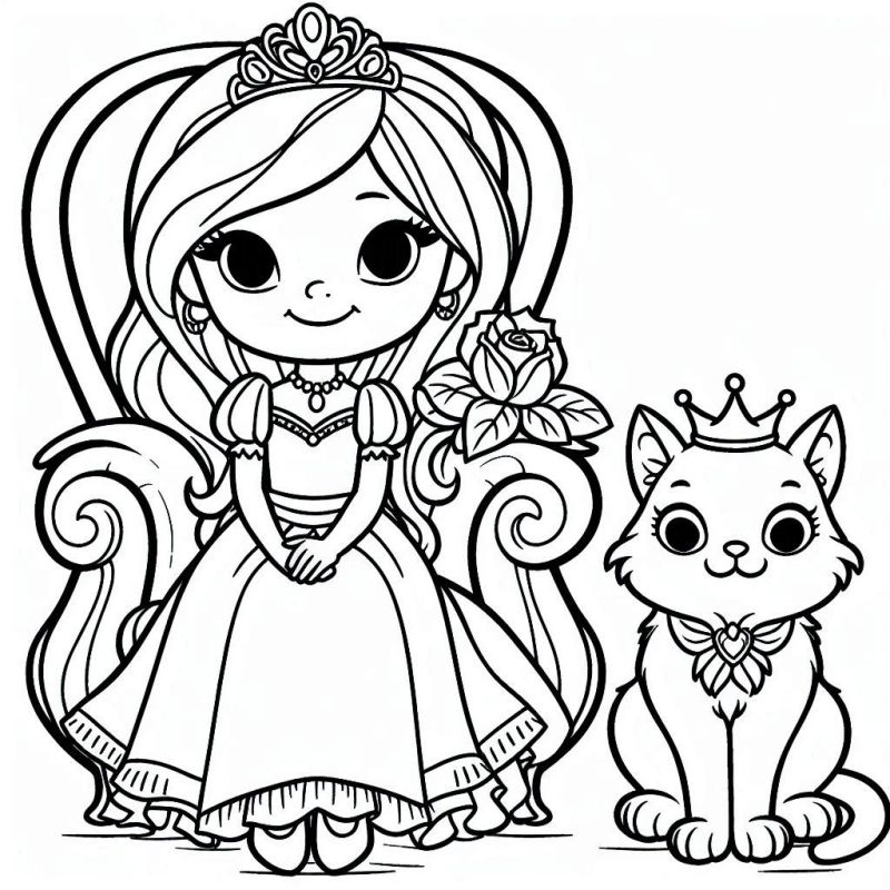 Desenho de Princesa com Gato para Colorir