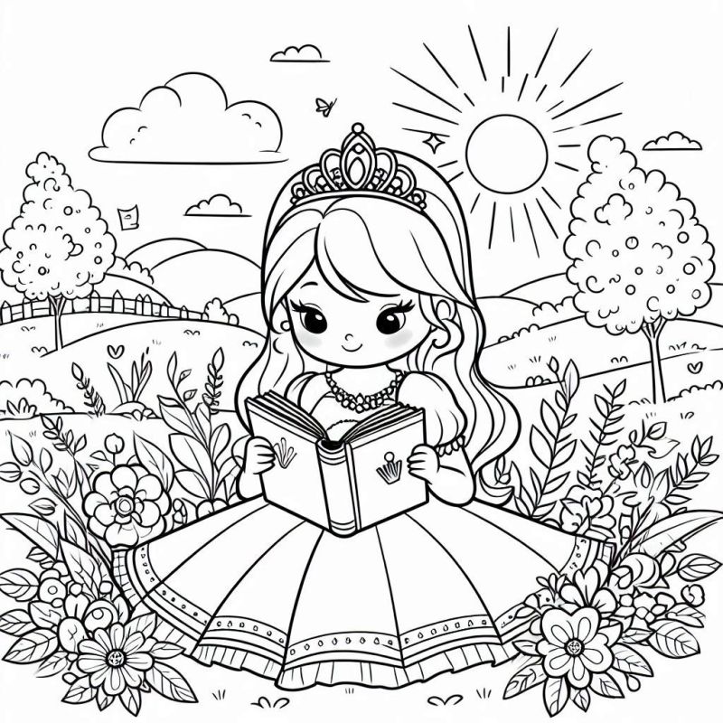 Lindo Desenho de Princesa Lendo em Jardim Florido