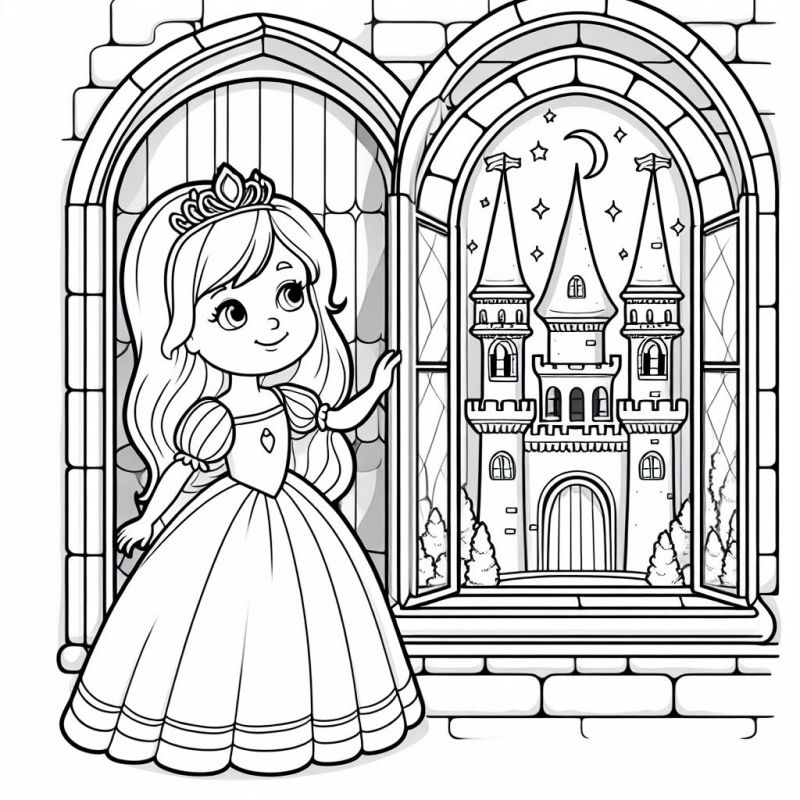 Desenho de Princesa Sonhadora na Janela com Castelo para Colorir