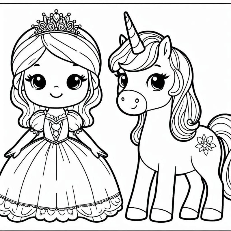 Desenho de Princesa e Unicórnio para Colorir