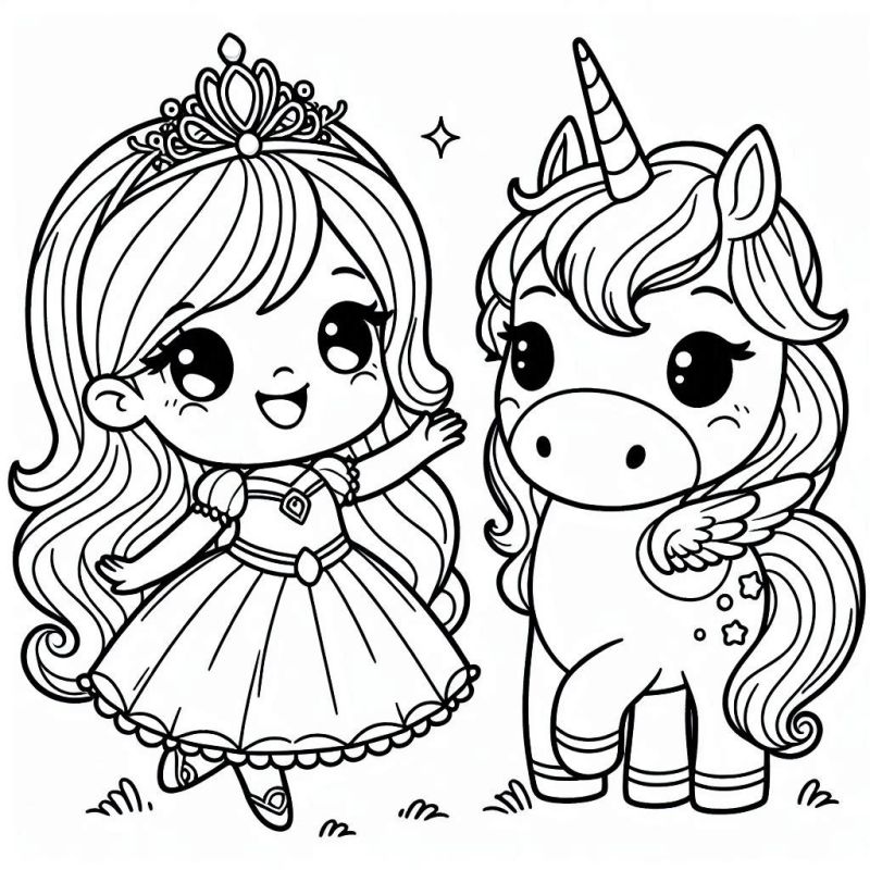 Desenho de Princesa e Unicórnio para Colorir