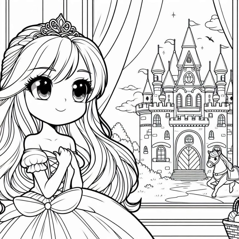 Desenho de Princesa em Castelo Encantado para Colorir