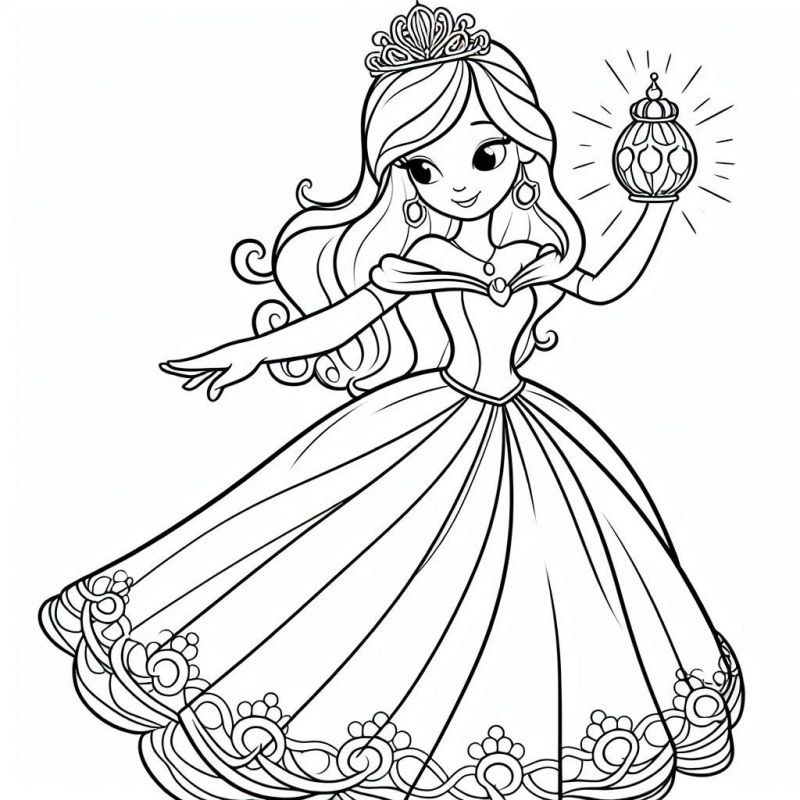 Desenho de Princesa com Vestido Longo e Detalhes Decorativos para Colorir