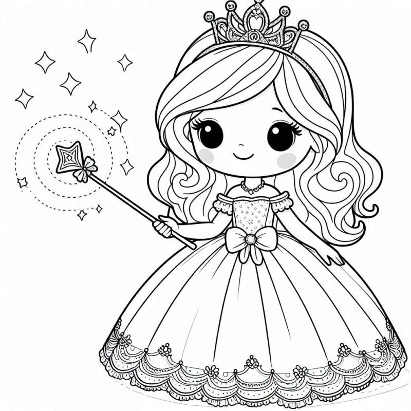 Desenho de Princesa Feliz com Detalhes Mágicos para Colorir