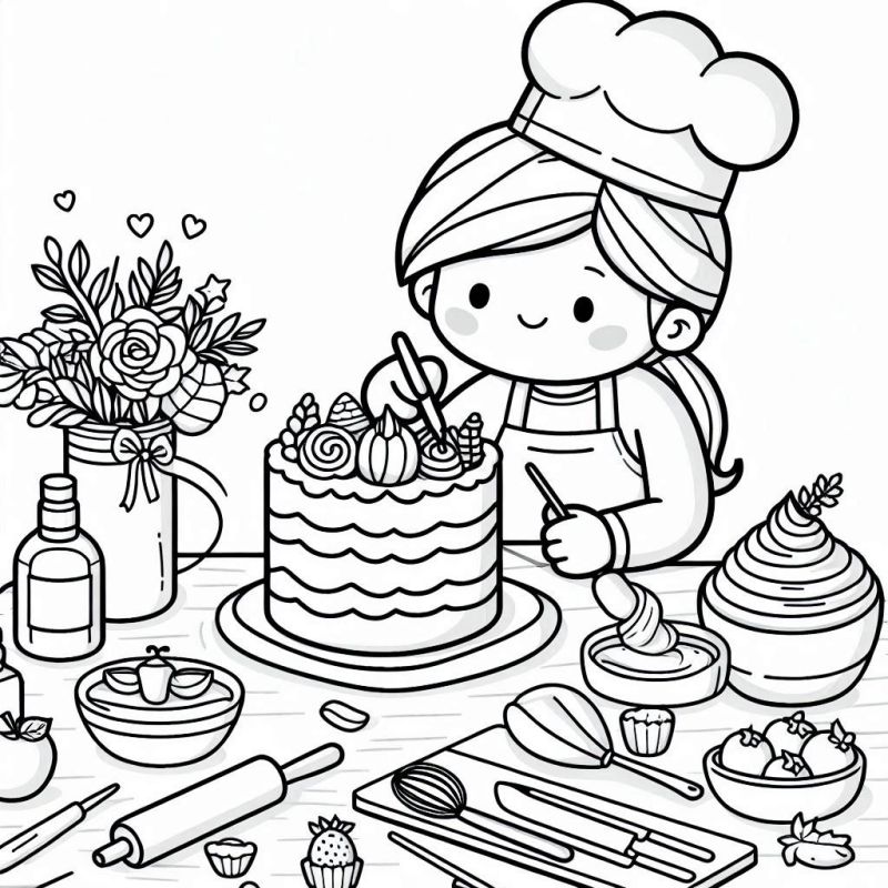 Desenho de criança chef decorando bolo para colorir