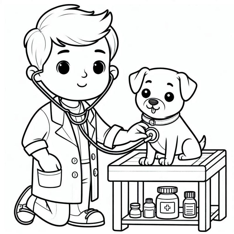 Desenho de Jovem Veterinário e Cachorrinho para Colorir