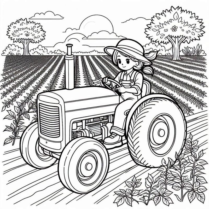 Desenho de Trator com Agricultor para Colorir