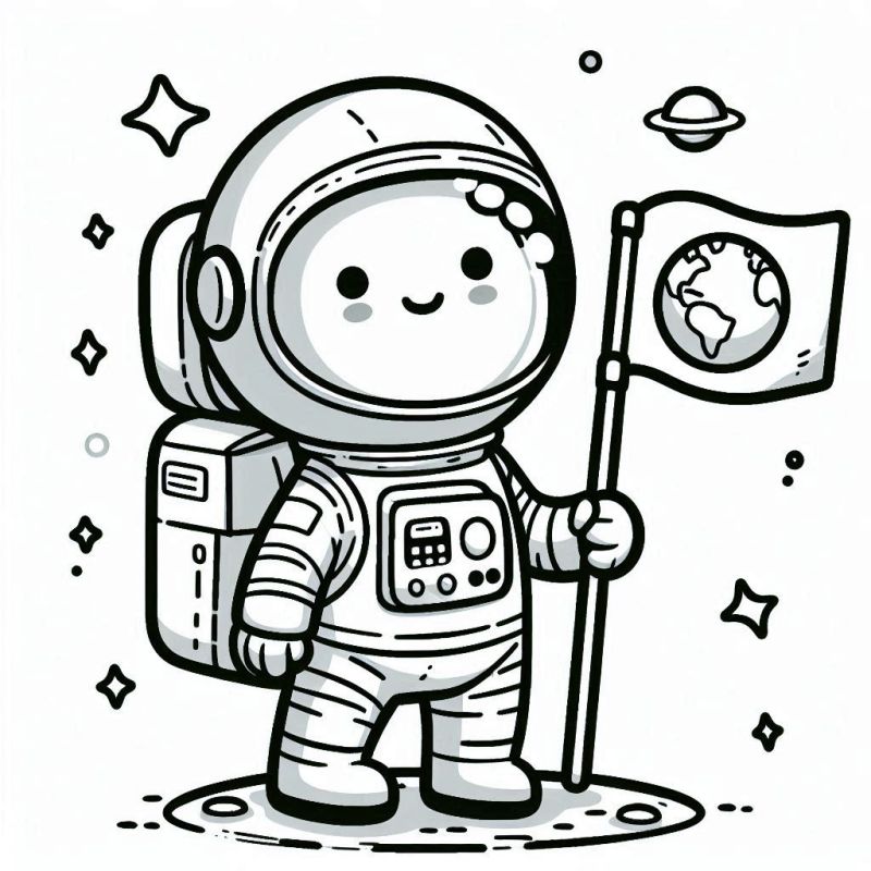 Desenho de astronauta para colorir com traje espacial, capacete e espaço sideral ao fundo