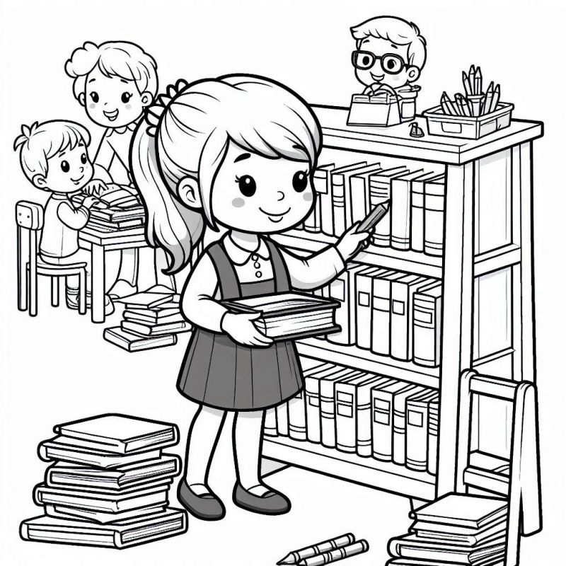 Desenho de uma biblioteca com pessoas e livros para colorir