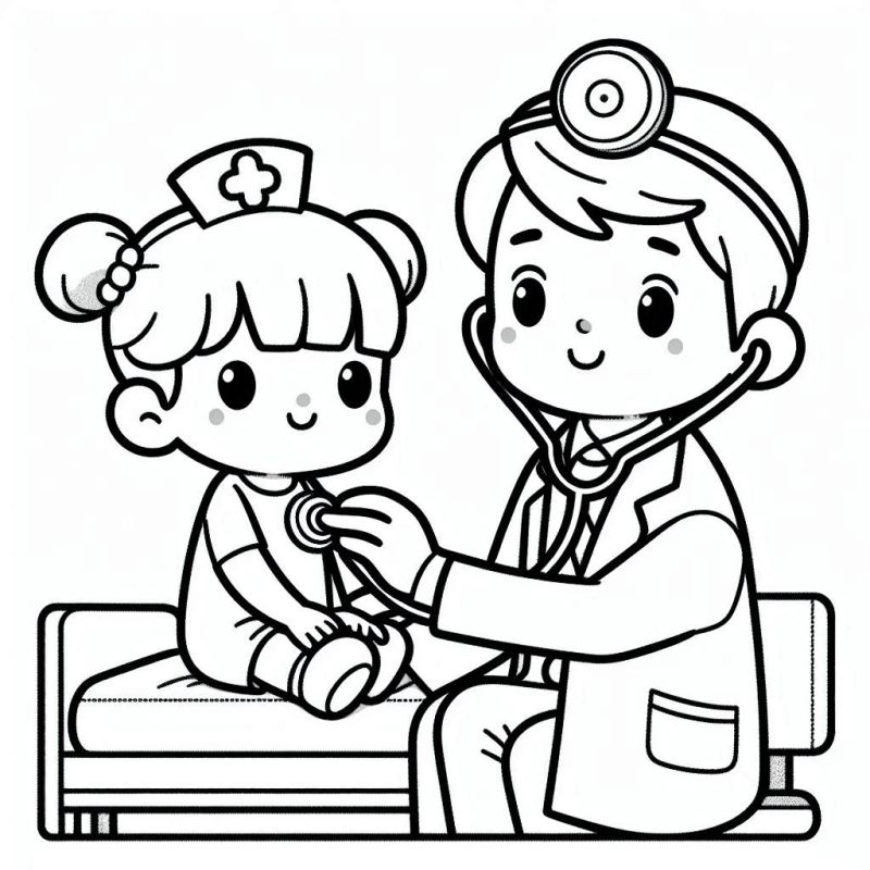 Desenho para colorir de uma criança e médico em uma consulta