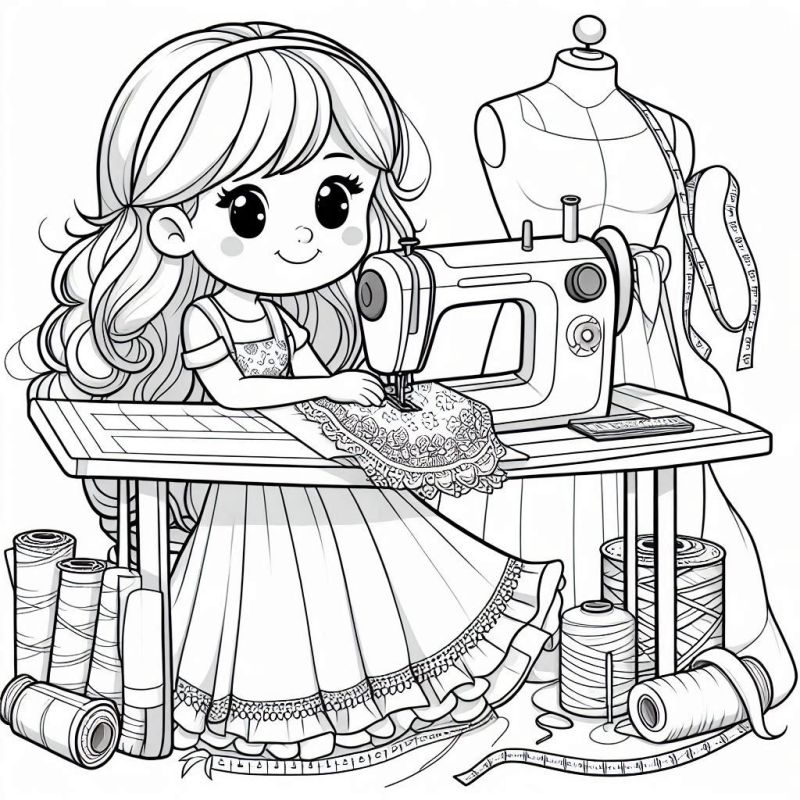 Desenho de Menina Costureira usando máquina de costura para colorir