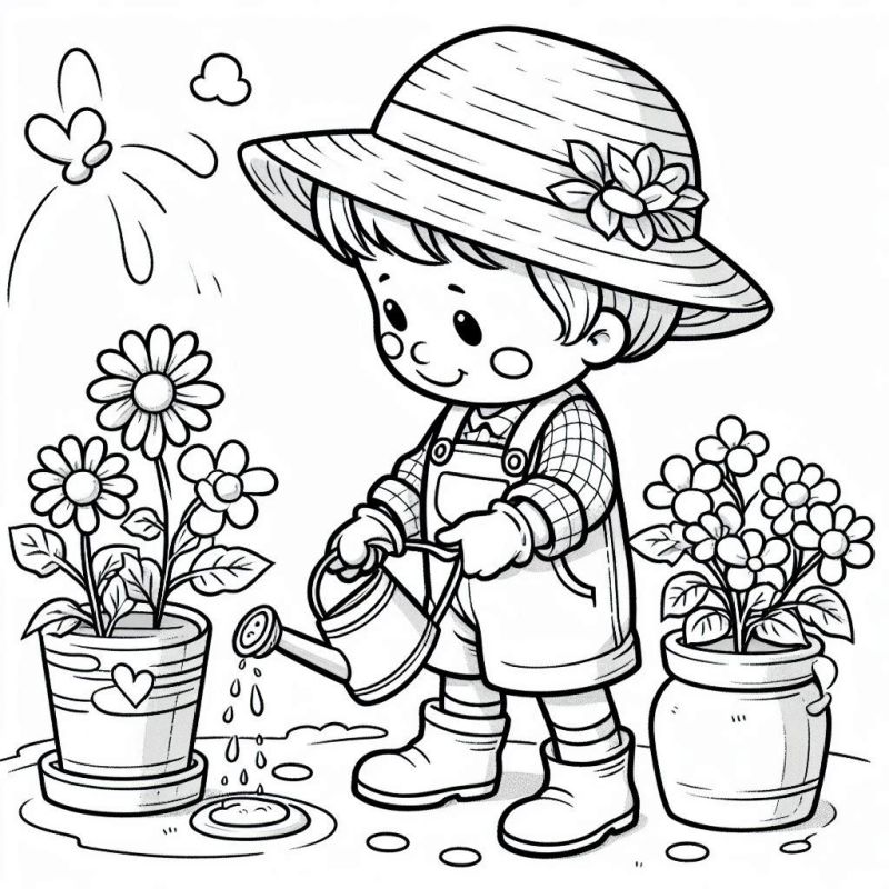 Desenho de criança jardineira feliz regando flores para colorir