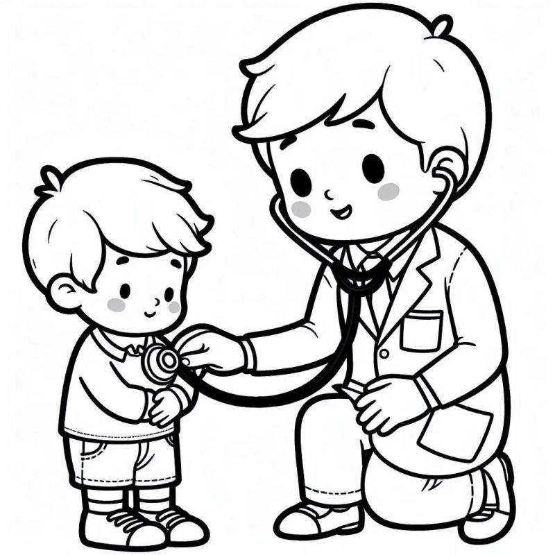 Desenho para colorir de um médico cuidando de uma criança