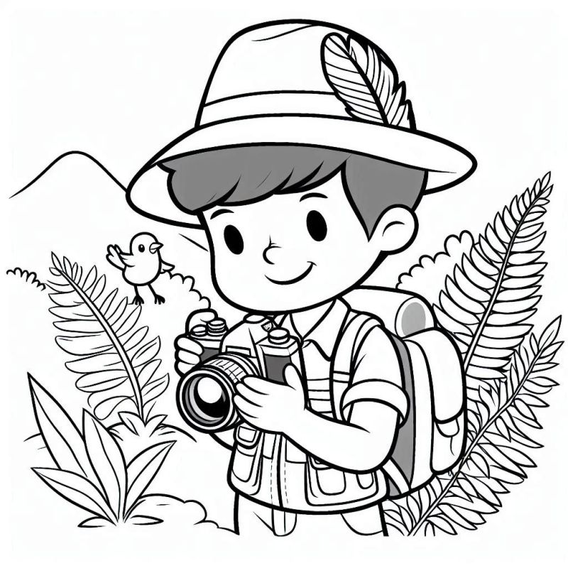 Desenho de Menino Explorador na Natureza para Colorir