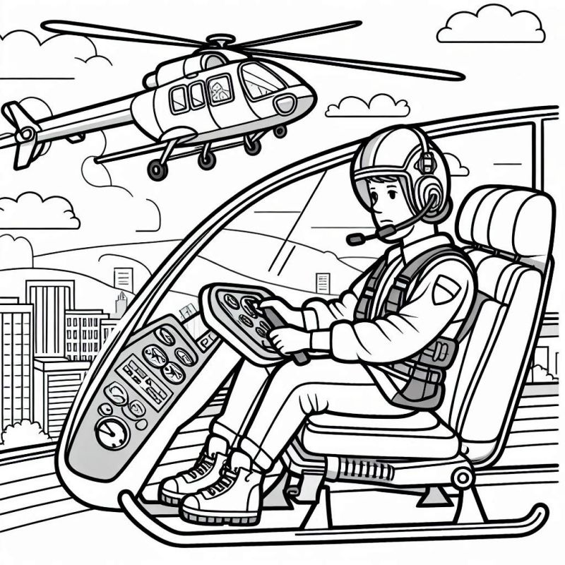 Desenho para colorir de um piloto de helicóptero com detalhes de cabine e cenário urbano