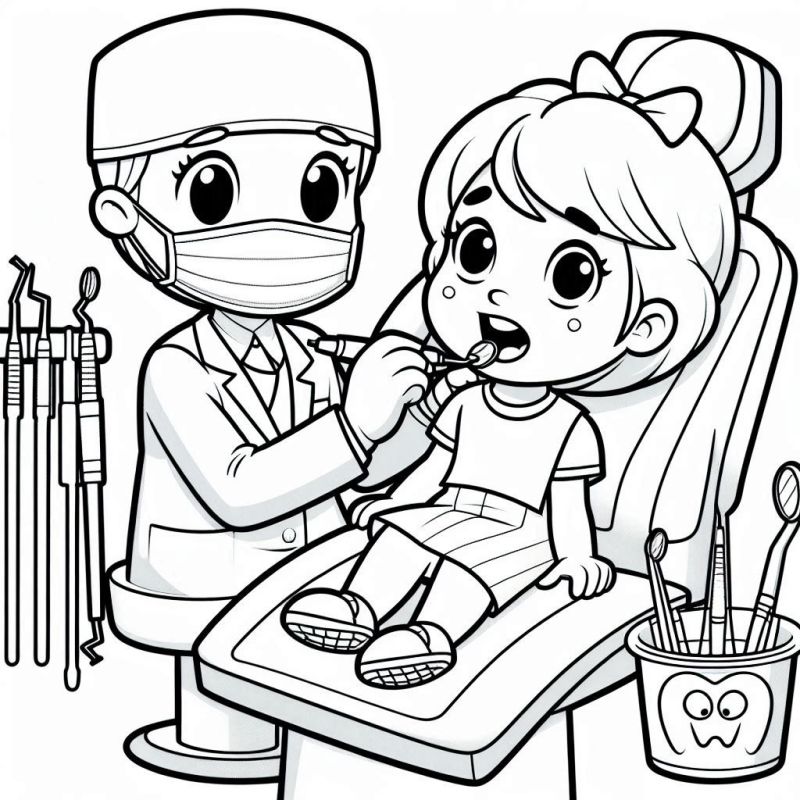 Desenho para colorir de um dentista examinando uma criança na cadeira odontológica