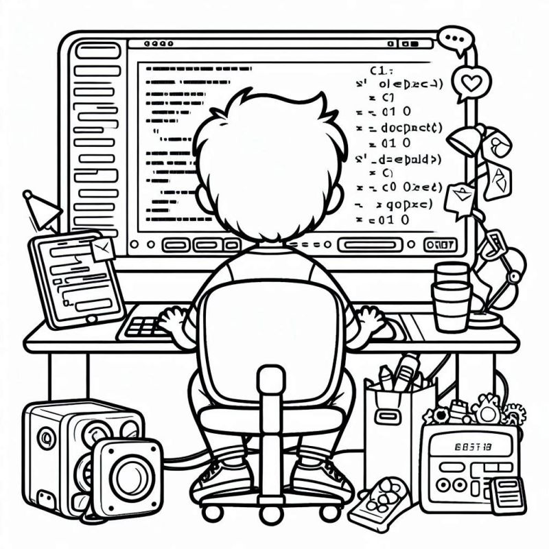 Desenho para colorir de um programador em um escritório, concentrado escrevendo código em um computador.