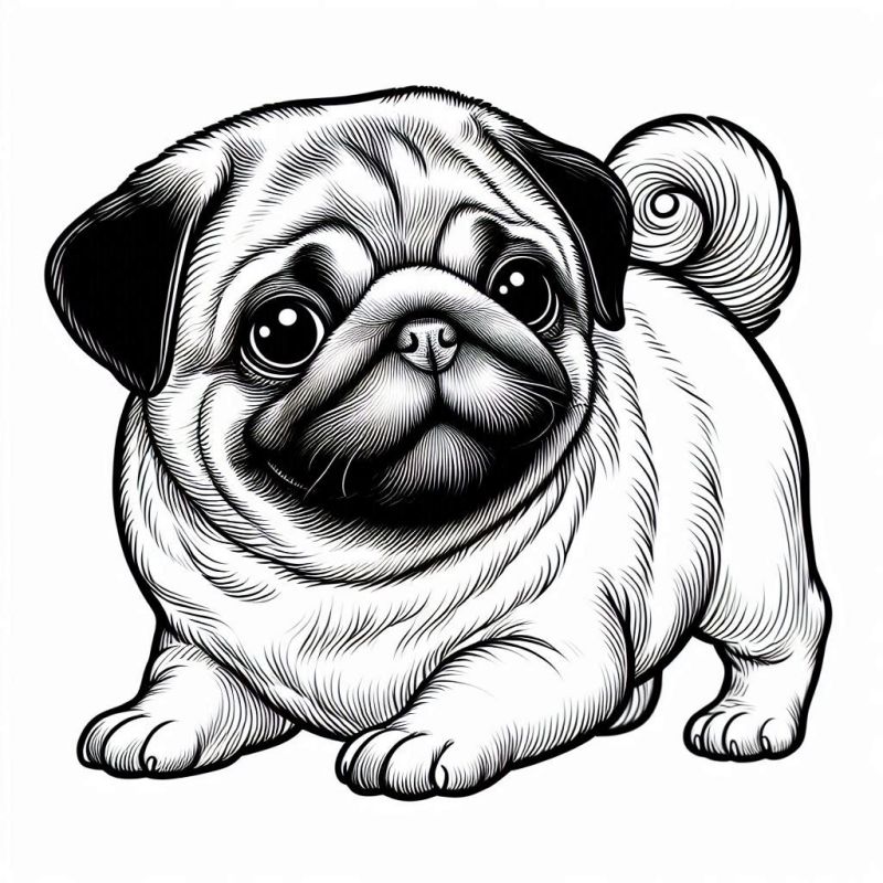 Desenho detalhado de um pug para colorir, com destaque para dobras e expressões.