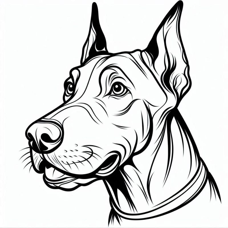 Desenho estilizado de Doberman para colorir, focado na cabeça e pescoço.