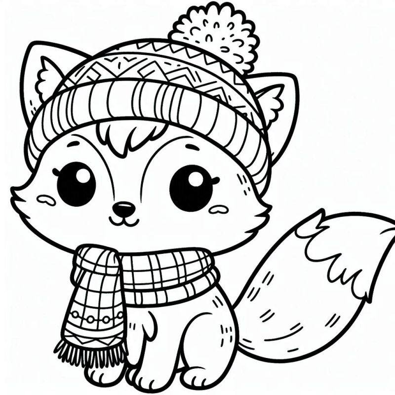 Desenho de raposa kawaii fofa para colorir com gorro e cachecol