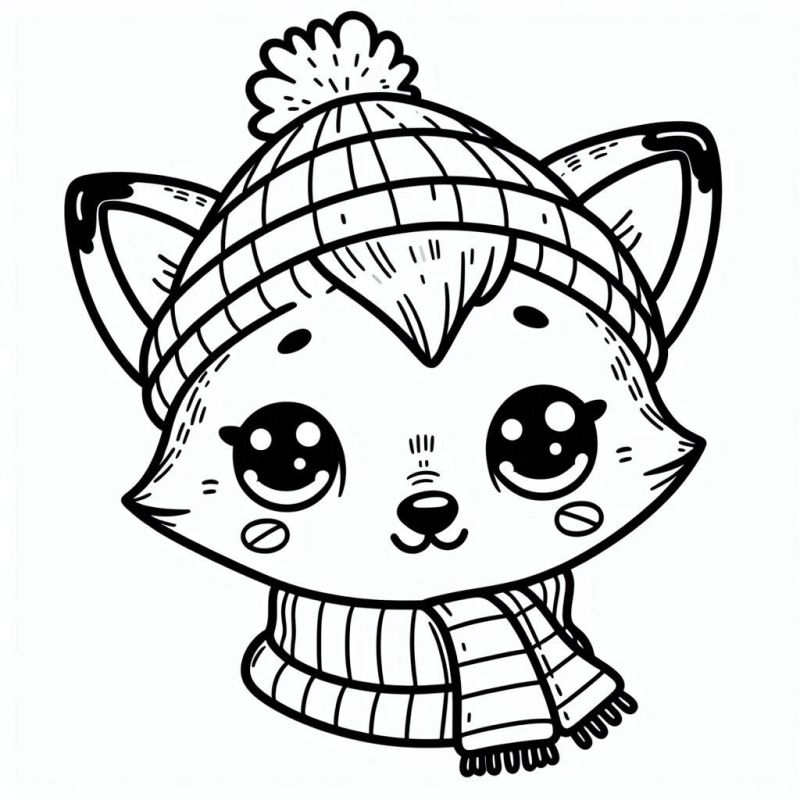 Desenho de raposa kawaii com gorro e cachecol para colorir