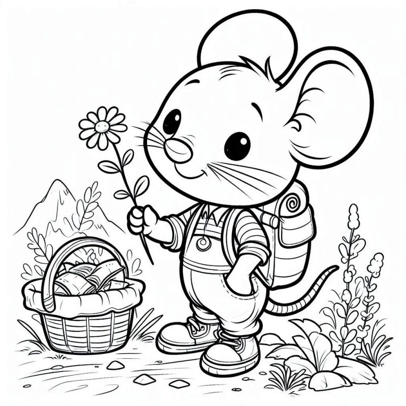 Ratinho com Flor e Mochila para Colorir