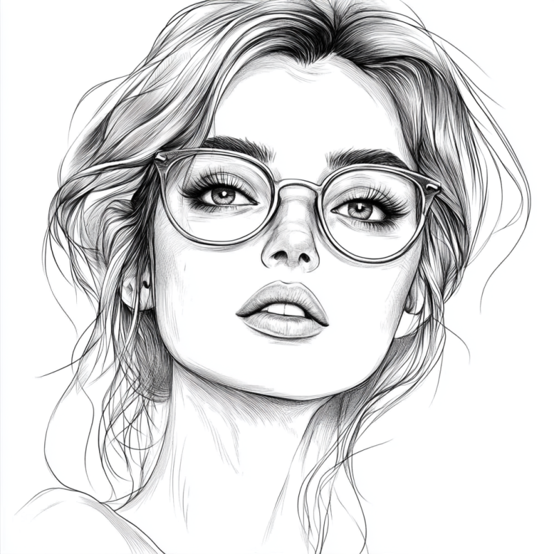 Desenho de Retrato Feminino com Óculos para Colorir