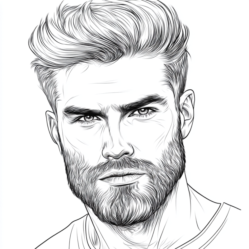 Desenho detalhado de rosto masculino para colorir com cabelo moderno e barba cheia