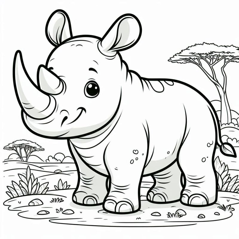 Desenho de Rinoceronte Fofo na Savana para Colorir