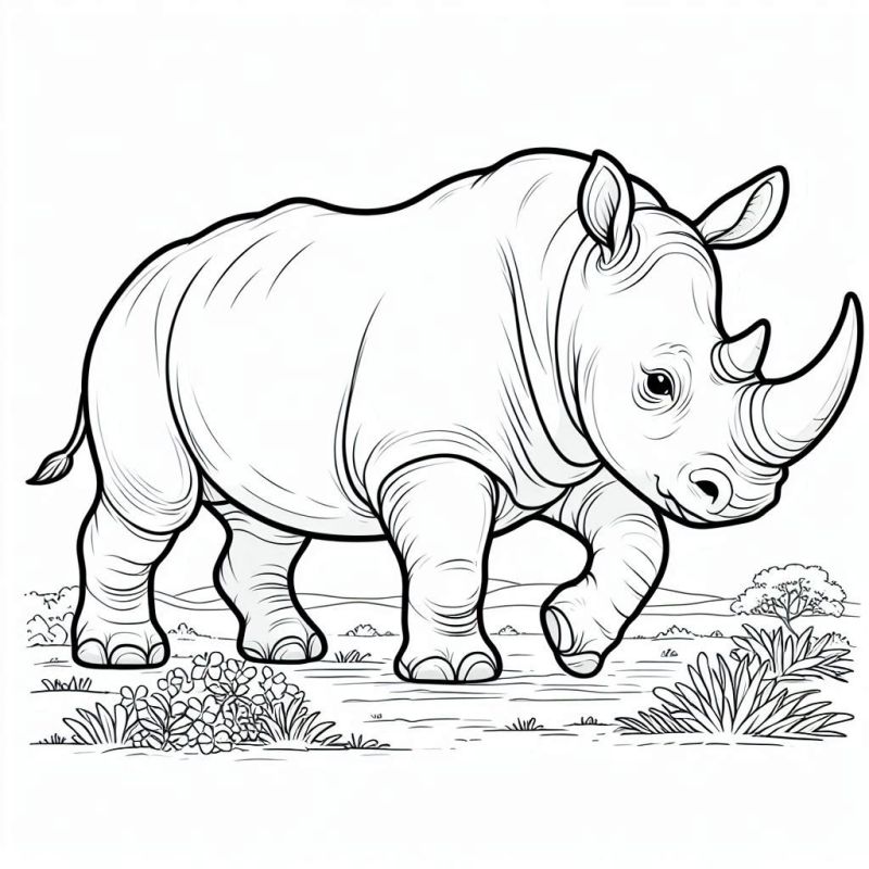 Desenho detalhado de um rinoceronte de perfil na savana africana, ideal para colorir