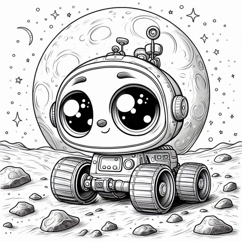 Desenho de robô explorador em um cenário espacial e lunar para colorir