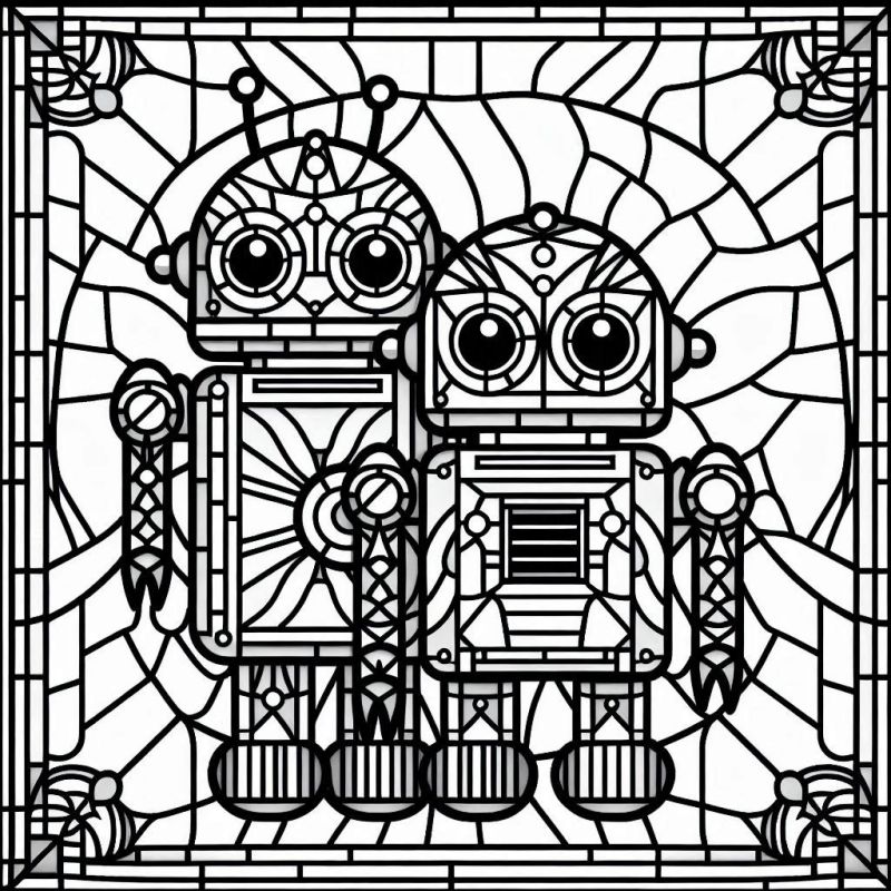 Desenho de dois robôs estilizados em design de mosaico para colorir