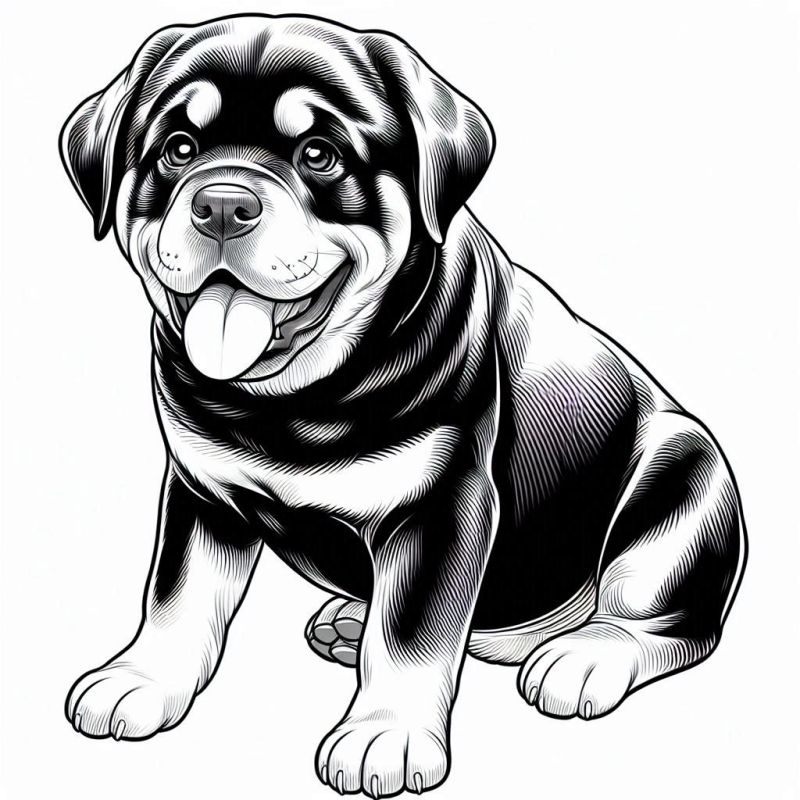 Desenho de um Rottweiler alegre e sentado para colorir