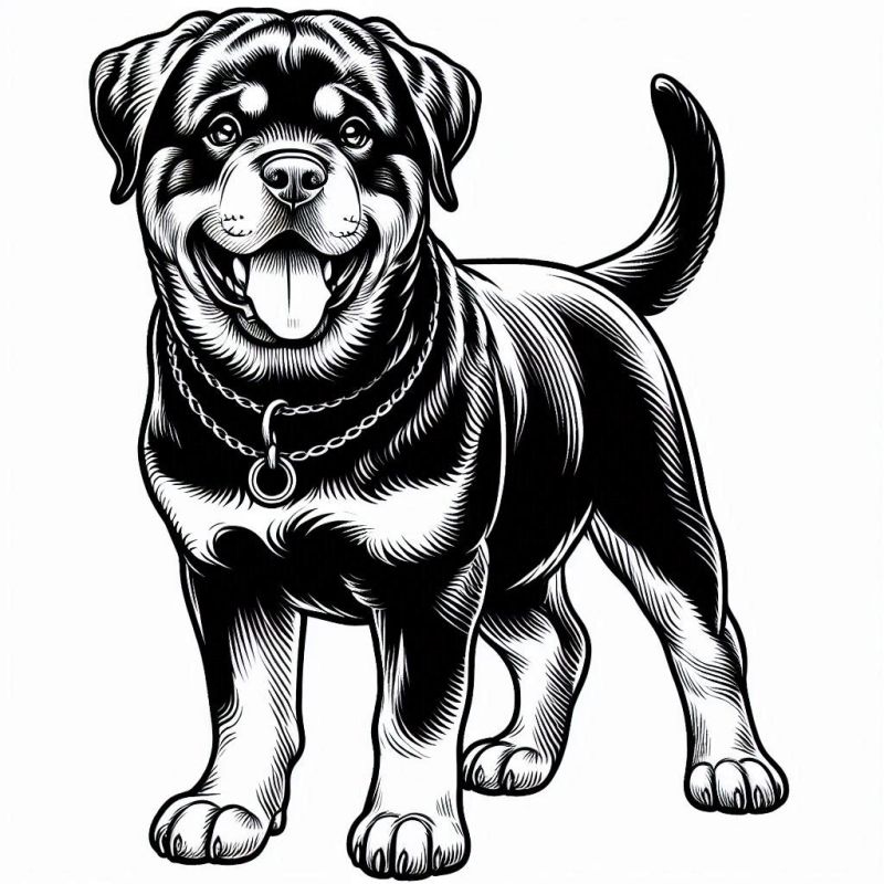 Desenho detalhado de um Rottweiler amigável em preto e branco para colorir