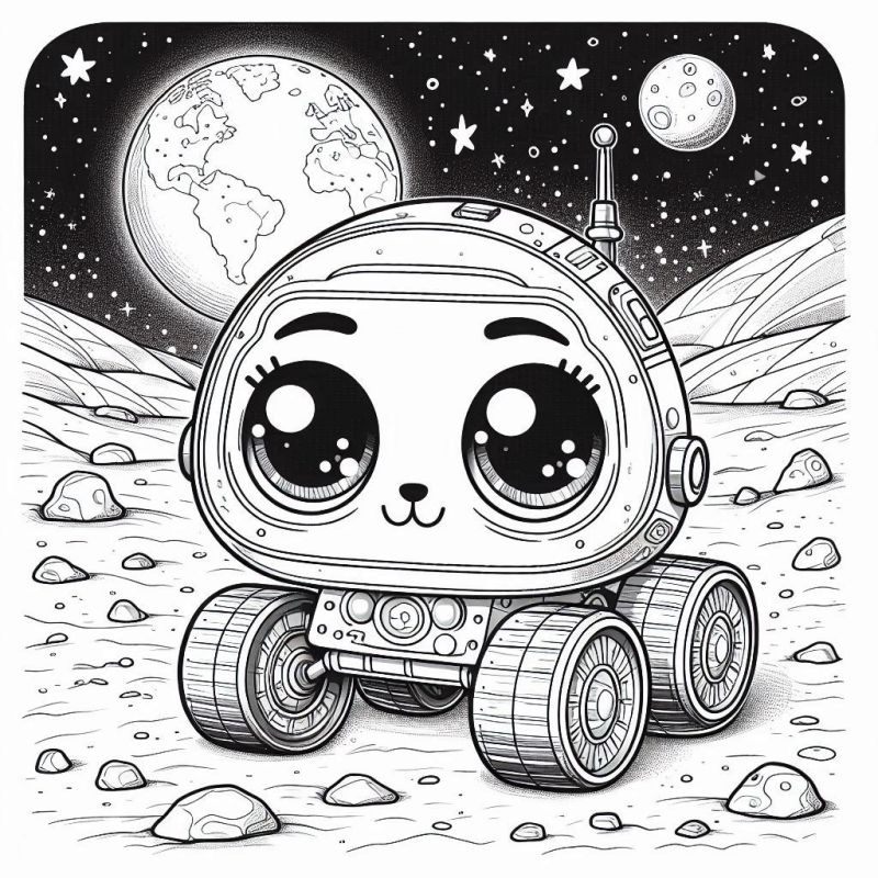 Rover Espacial Fofo para Colorir em uma Cena Celestial