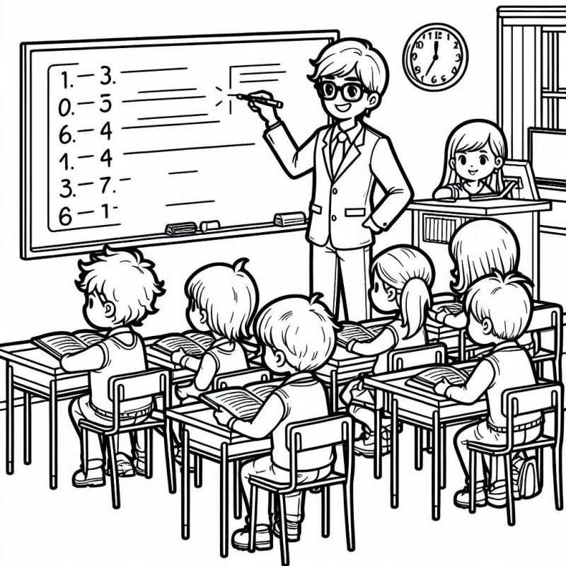 Desenho de Sala de Aula com Professor e Alunos para Colorir