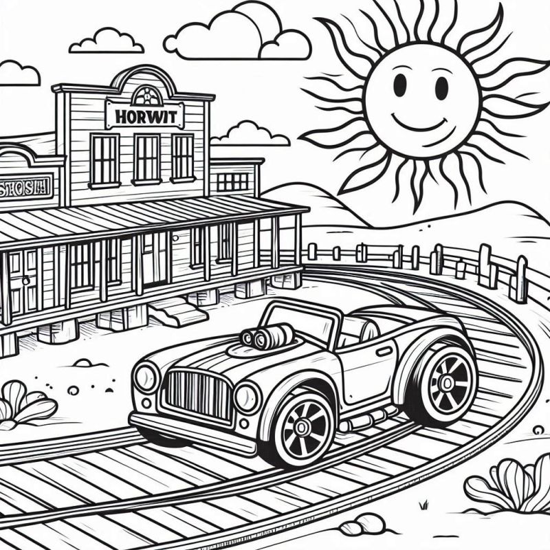 Desenho de Saloon com Carro Antigo para Colorir