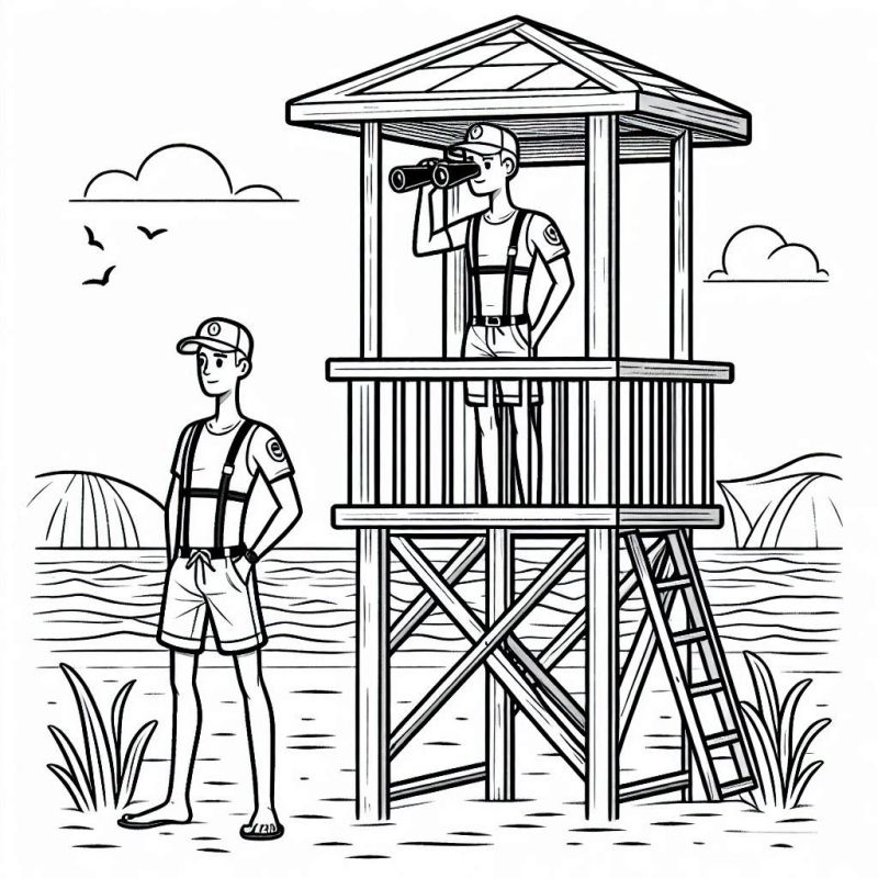 Desenho de dois salva-vidas na praia para colorir, um na torre e outro na areia